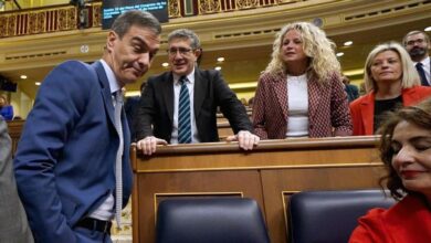 El presidente del Gobierno, Pedro Sánchez, acude a su escaño en el Congreso, junto al portavoz del grupo socialista, Patxi López, durante una sesión de control.