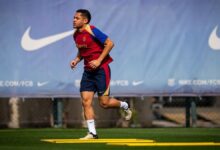 Vitor Roque, en una imagen del entrenamiento en la Joan Gamper