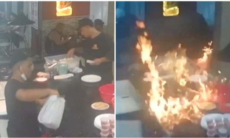 IMÁGENES FUERTES: cocinero provoca incendio en restaurante y quema a los comensales