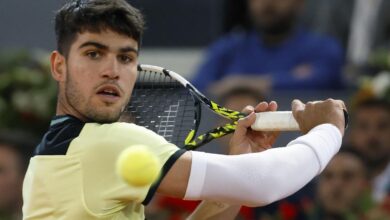 Alcaraz, durante su partido ante Rublev