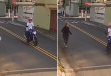 VIDEO: mujer corre al creer que motociclista la asaltaría; reacción se vuelve viral