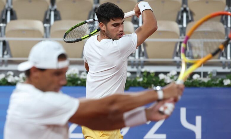 Entrenamiento de Rafa Nadal y Alcaraz vs Marcel Granollers y Pablo Carreño