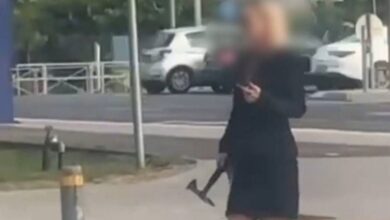 VIDEO mujer ataca con un hacha a un guardia de seguridad; mató a su hijo y perro antes