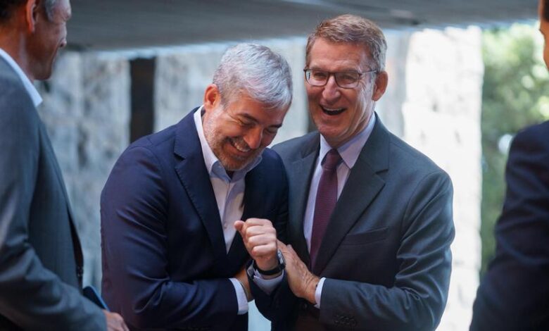 El presidente del Gobierno de Canarias, Fernando Clavijo (i), y el presidente del PP, Alberto Núñez Feijóo (d), tras una reunión en Santa Cruz de Tenerife.