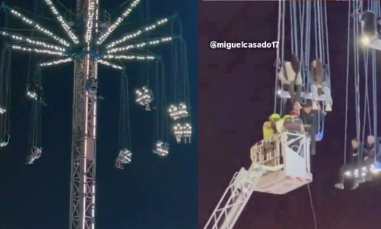 VIDEO: falla juego mecánico y quedan colgados en el aire por dos horas