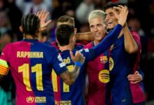 Los jugadores del FC Barcelona celebran uno de sus goles contra el Brest