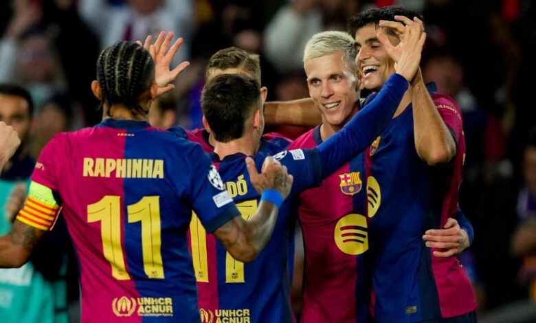 Los jugadores del FC Barcelona celebran uno de sus goles contra el Brest