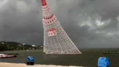 Captan caída del enorme árbol de Navidad flotante que dejó un muerto y dos heridos