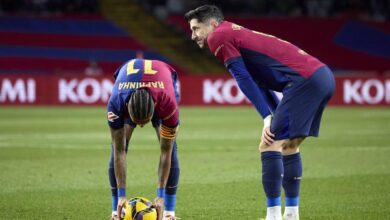 Lewandowski y Raphinha, durante el partido ante el Atlético