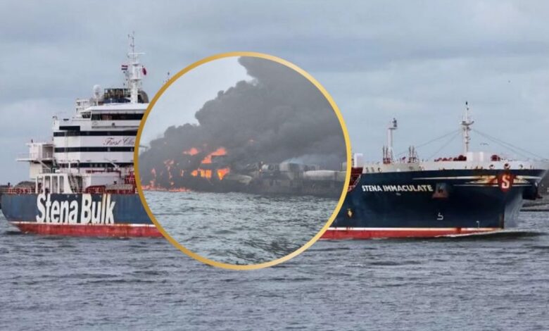 Barco petrolero se estrella con buque de carga y desata impactante incendio captado en VIDEO